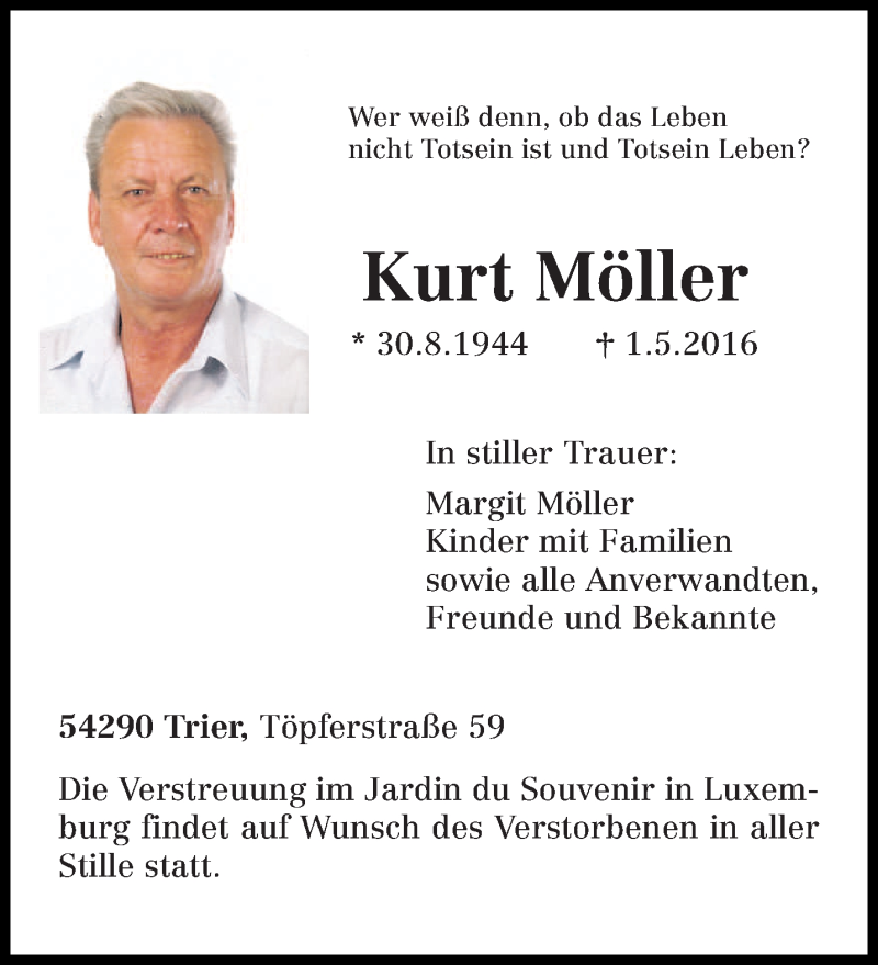  Traueranzeige für Kurt Möller vom 07.05.2016 aus trierischer_volksfreund