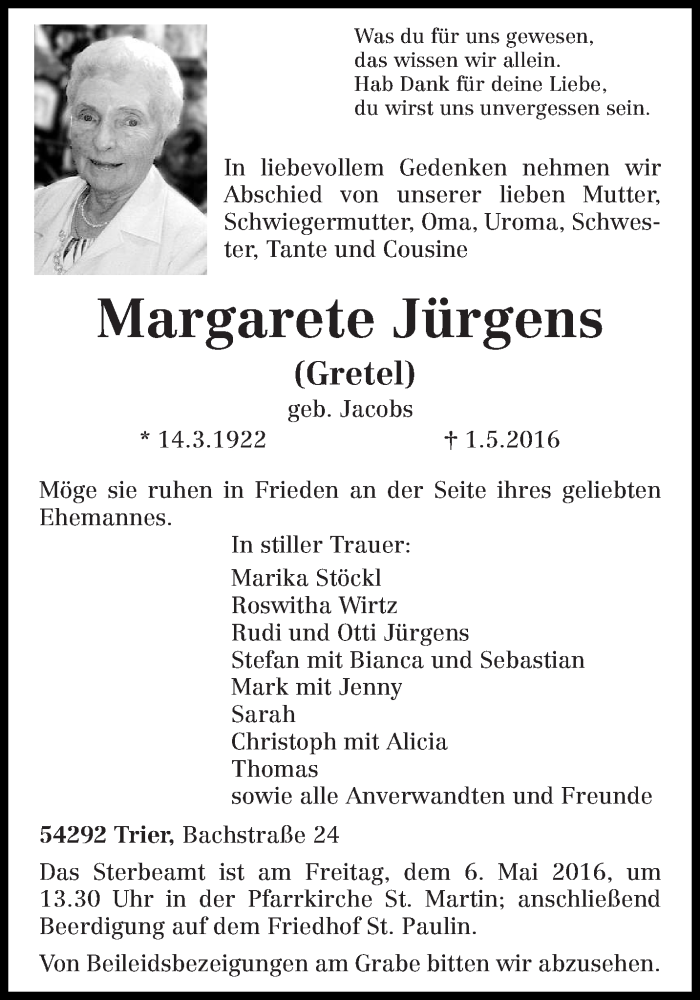  Traueranzeige für Margarete Jürgens vom 03.05.2016 aus trierischer_volksfreund