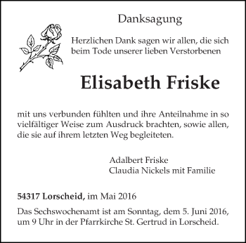 Traueranzeige von Elisabeth Friske von trierischer_volksfreund
