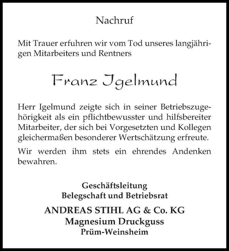  Traueranzeige für Franz Igelmund vom 21.05.2016 aus trierischer_volksfreund