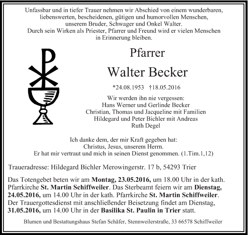  Traueranzeige für Walter Becker vom 23.05.2016 aus trierischer_volksfreund