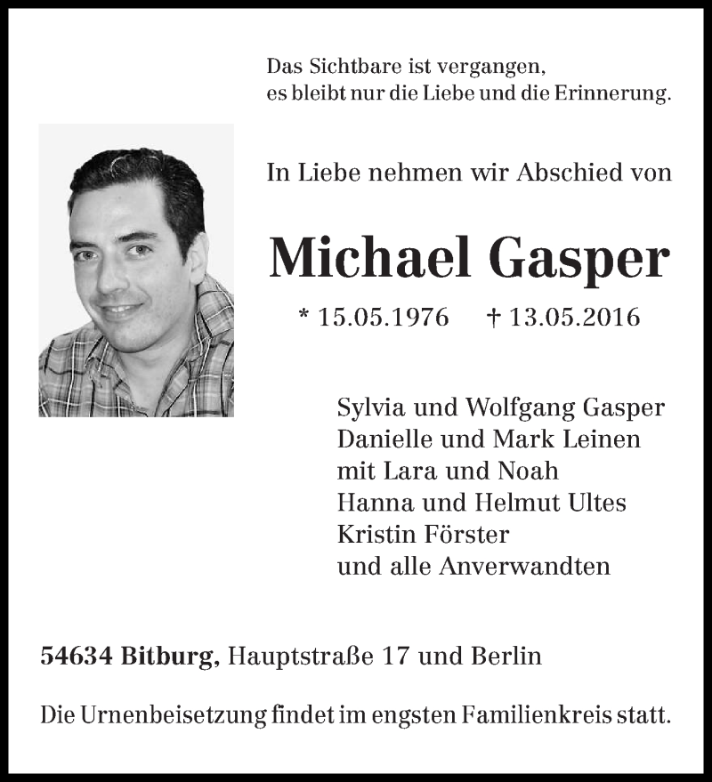  Traueranzeige für Michael Gasper vom 28.05.2016 aus trierischer_volksfreund