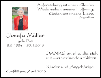 Traueranzeige von Josefa Müller von trierischer_volksfreund