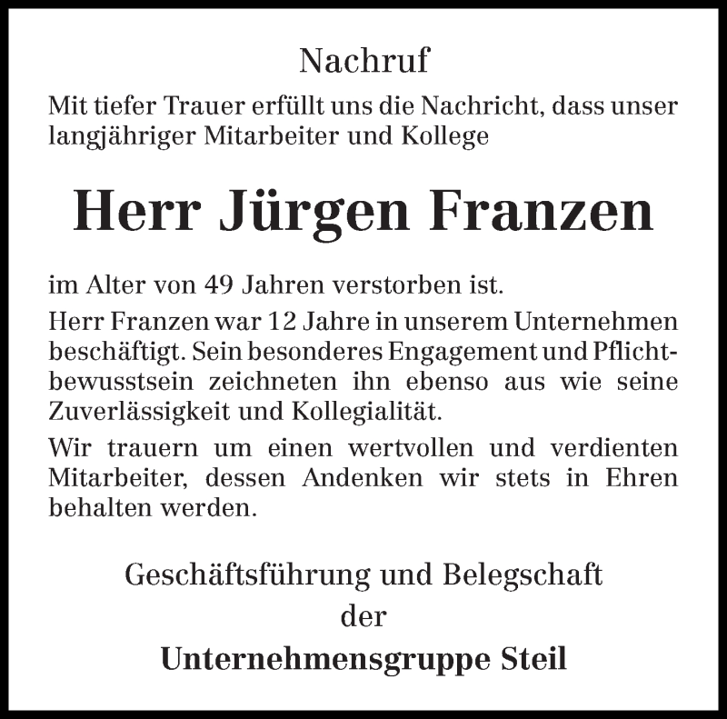 Traueranzeige für Jürgen Franzen vom 19.05.2016 aus trierischer_volksfreund