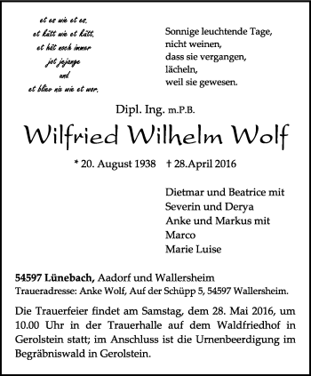 Traueranzeige von Wilfried Wilhelm Wolf von trierischer_volksfreund