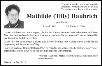 Traueranzeige von Mathilde Haubrich von trierischer_volksfreund