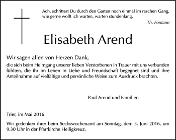 Traueranzeige von Elisabeth Arend von trierischer_volksfreund