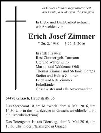 Traueranzeige von Erich Josef Zimmer von trierischer_volksfreund