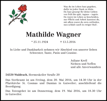 Traueranzeige von Mathilde Wagner von trierischer_volksfreund