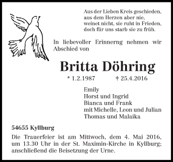 Traueranzeige von Britta Döhring von trierischer_volksfreund