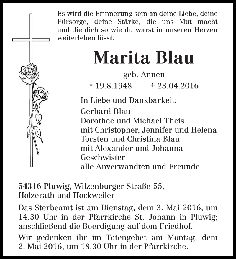  Traueranzeige für Marita Blau vom 30.04.2016 aus trierischer_volksfreund