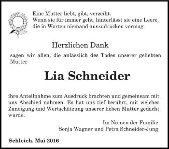 Traueranzeige von Lia Schneider von trierischer_volksfreund
