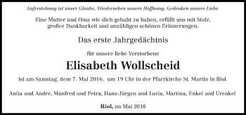 Traueranzeige von Elisabeth Wollscheid von trierischer_volksfreund