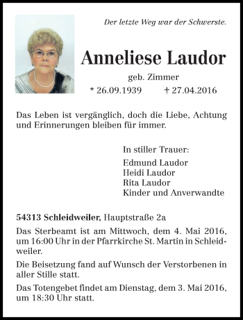 Traueranzeige von Anneliese Laudor von trierischer_volksfreund