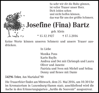 Traueranzeige von Josefine Bartz von trierischer_volksfreund