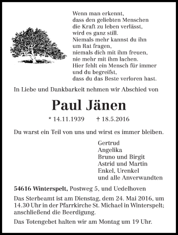 Traueranzeige von Paul Jänen von trierischer_volksfreund
