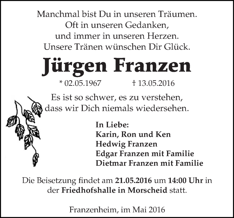  Traueranzeige für Jürgen Franzen vom 18.05.2016 aus trierischer_volksfreund