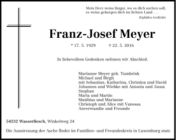Traueranzeige von Franz-Josef Meyer von trierischer_volksfreund