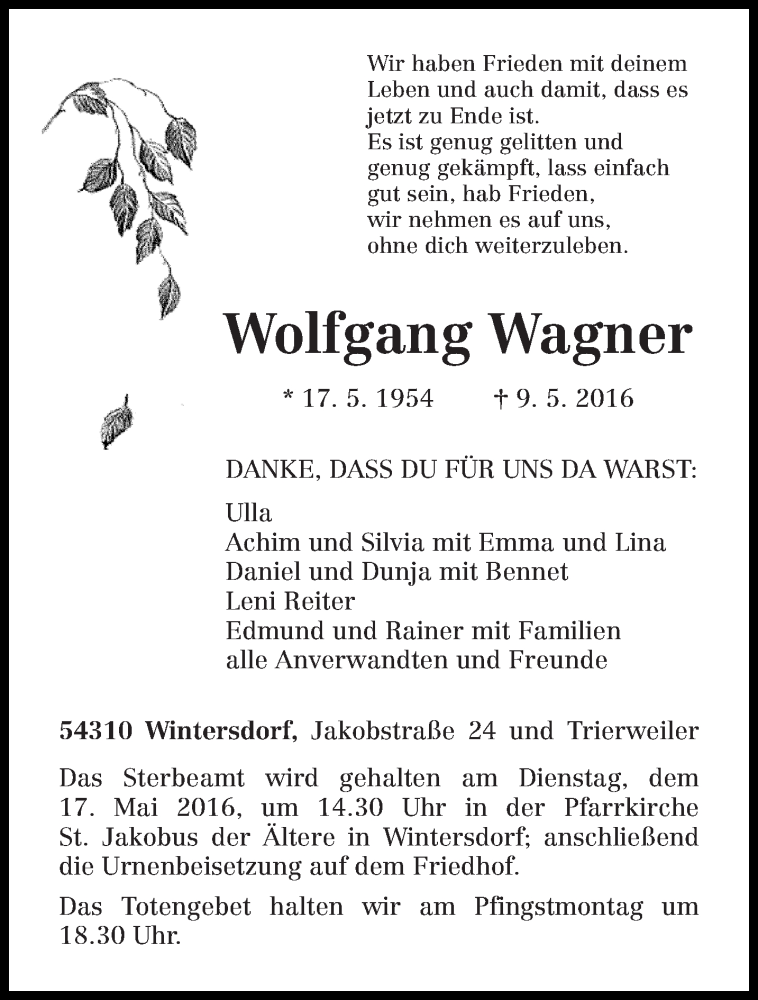  Traueranzeige für Wolfgang Wagner vom 13.05.2016 aus trierischer_volksfreund