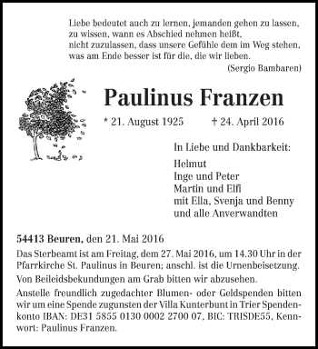 Traueranzeige von Paulinus Franzen von trierischer_volksfreund