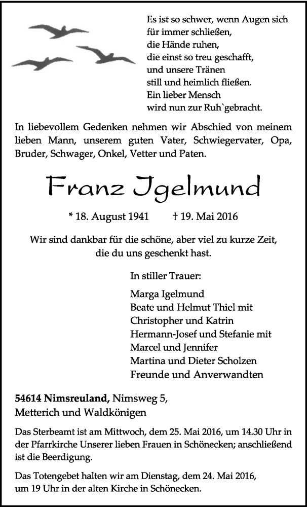  Traueranzeige für Franz Igelmund vom 21.05.2016 aus trierischer_volksfreund