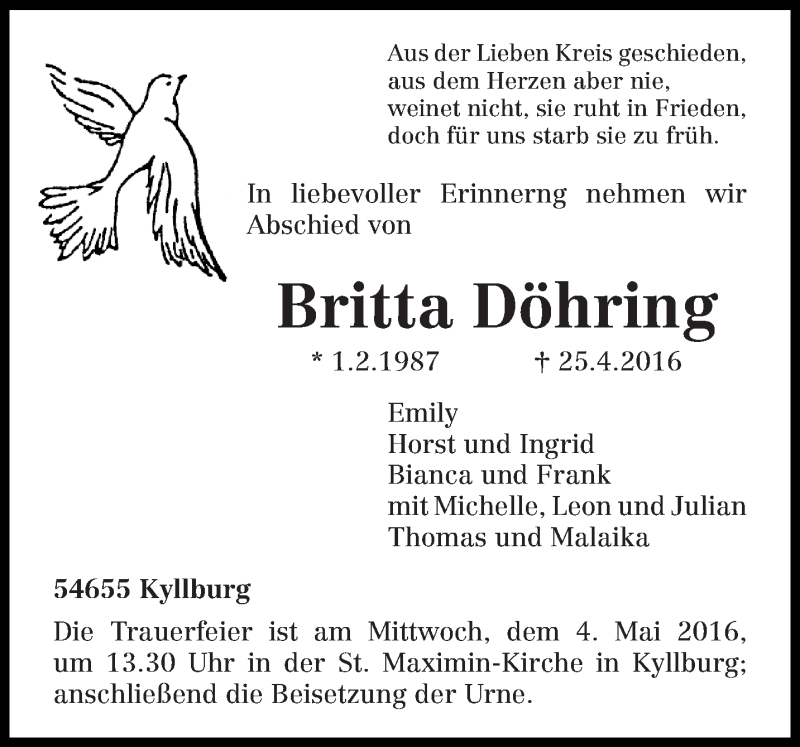  Traueranzeige für Britta Döhring vom 30.04.2016 aus trierischer_volksfreund