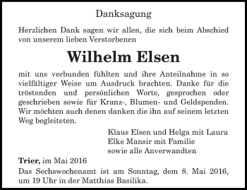 Traueranzeige von Wilhelm Elsen von trierischer_volksfreund