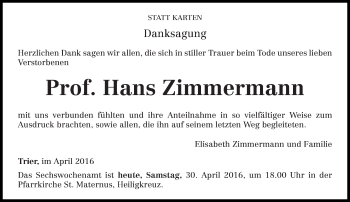 Traueranzeige von Hans Zimmermann von trierischer_volksfreund