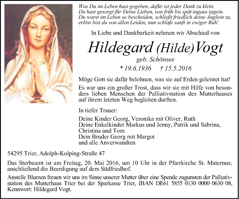  Traueranzeige für Hildegard Vogt vom 18.05.2016 aus trierischer_volksfreund
