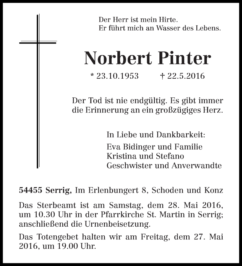  Traueranzeige für Norbert Pinter vom 24.05.2016 aus trierischer_volksfreund