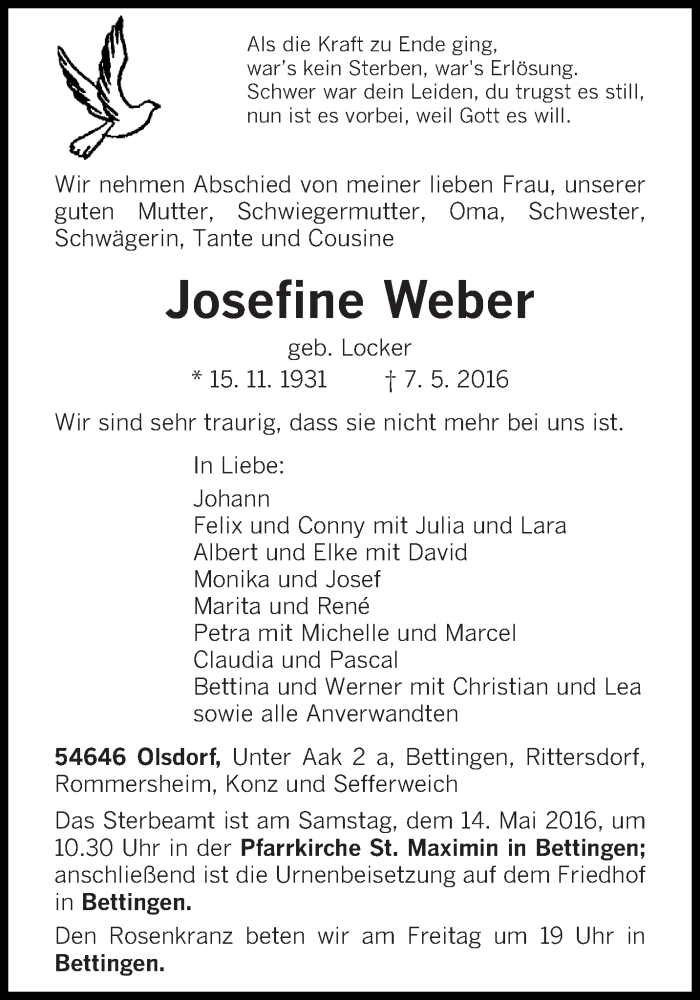  Traueranzeige für Josefine Weber vom 10.05.2016 aus trierischer_volksfreund