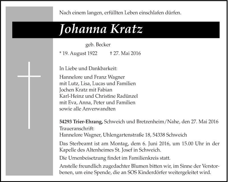  Traueranzeige für Johanna Kratz vom 02.06.2016 aus trierischer_volksfreund