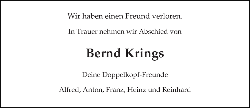  Traueranzeige für Bernd Krings vom 25.06.2016 aus trierischer_volksfreund