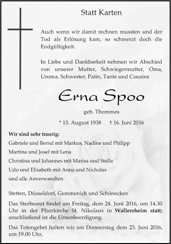 Traueranzeige von Erna Spoo von trierischer_volksfreund
