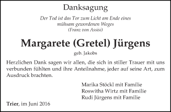 Traueranzeige von Margarete Jürgens von trierischer_volksfreund