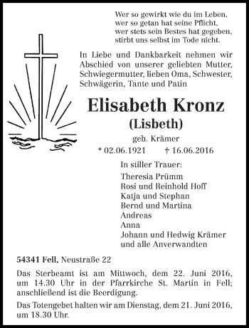 Traueranzeige von Elisabeth                                      *    + Kronz von trierischer_volksfreund