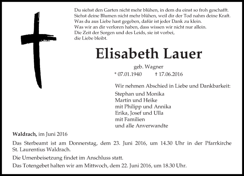  Traueranzeige für Elisabeth Lauer vom 20.06.2016 aus trierischer_volksfreund