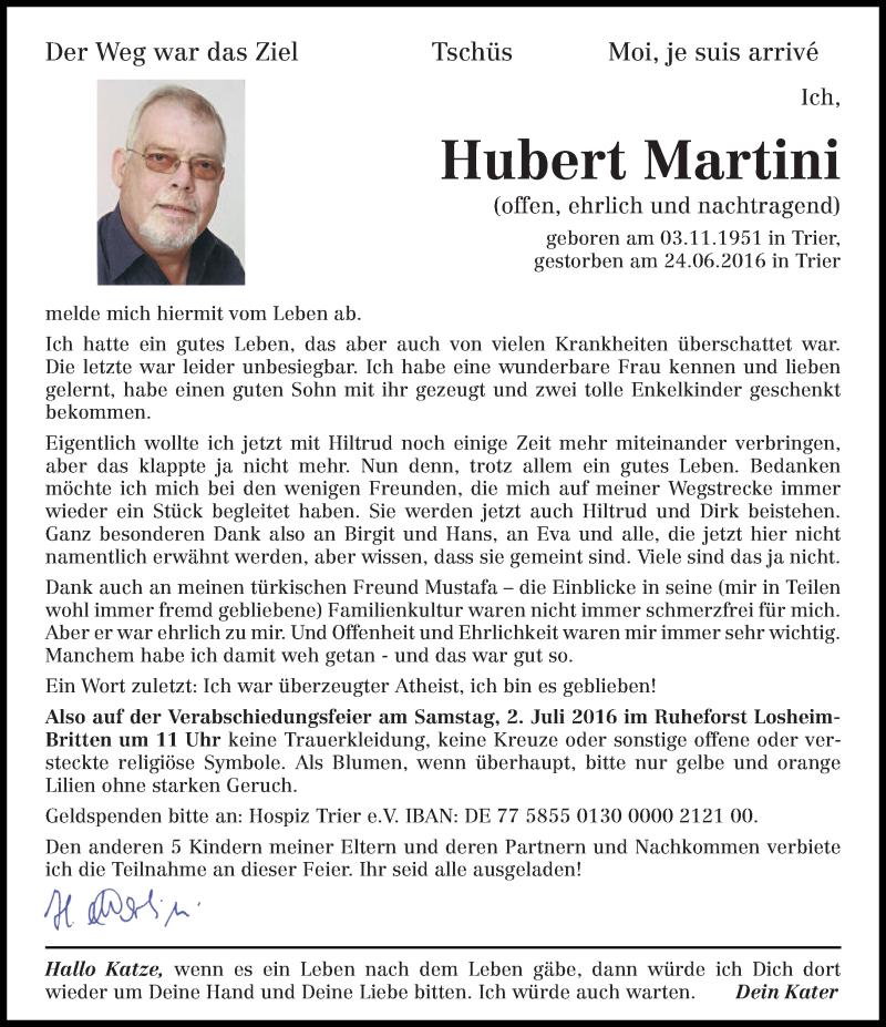  Traueranzeige für Hubert Martini vom 29.06.2016 aus trierischer_volksfreund