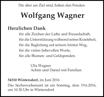 Traueranzeige von Wolfgang Wagner von trierischer_volksfreund