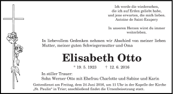Traueranzeige von Elisabeth Otto von trierischer_volksfreund