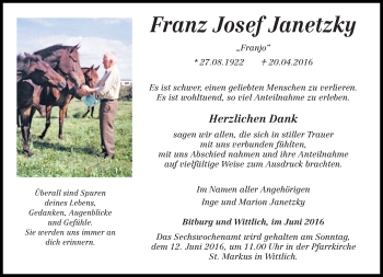 Traueranzeige von Franz Josef Janetzky von trierischer_volksfreund