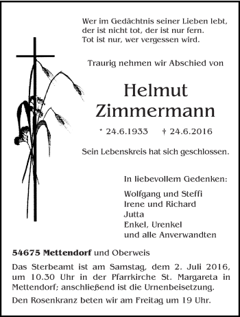 Traueranzeige von Helmut Zimmermann von trierischer_volksfreund