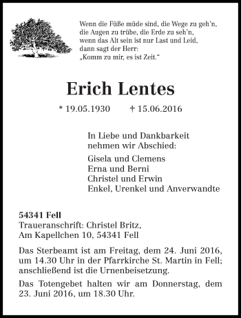 Traueranzeige von Erich Lentes von trierischer_volksfreund