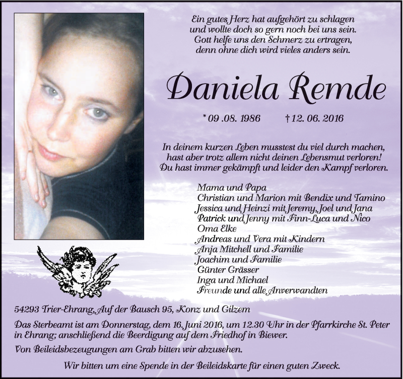  Traueranzeige für Daniela Remde vom 15.06.2016 aus trierischer_volksfreund