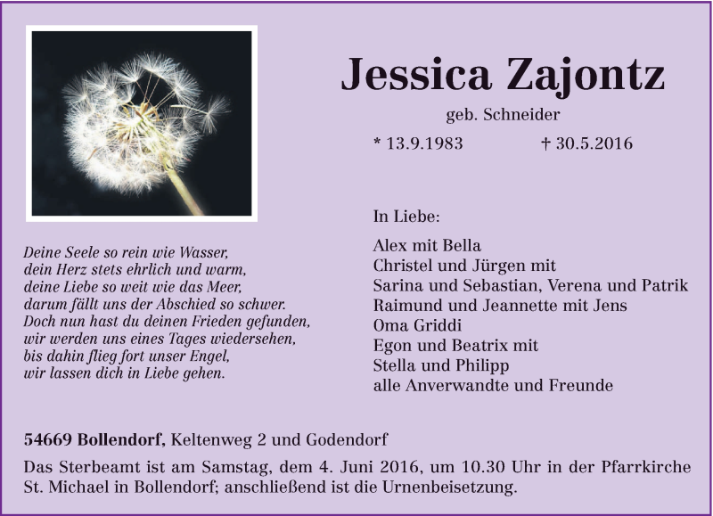  Traueranzeige für Jessica Zajontz vom 02.06.2016 aus trierischer_volksfreund