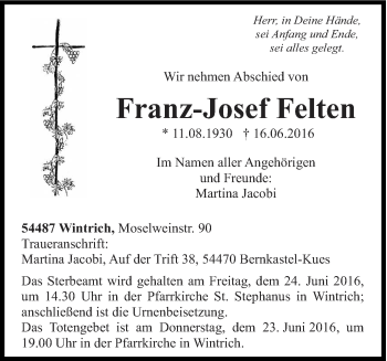Traueranzeige von Franz-Josef Felten von trierischer_volksfreund