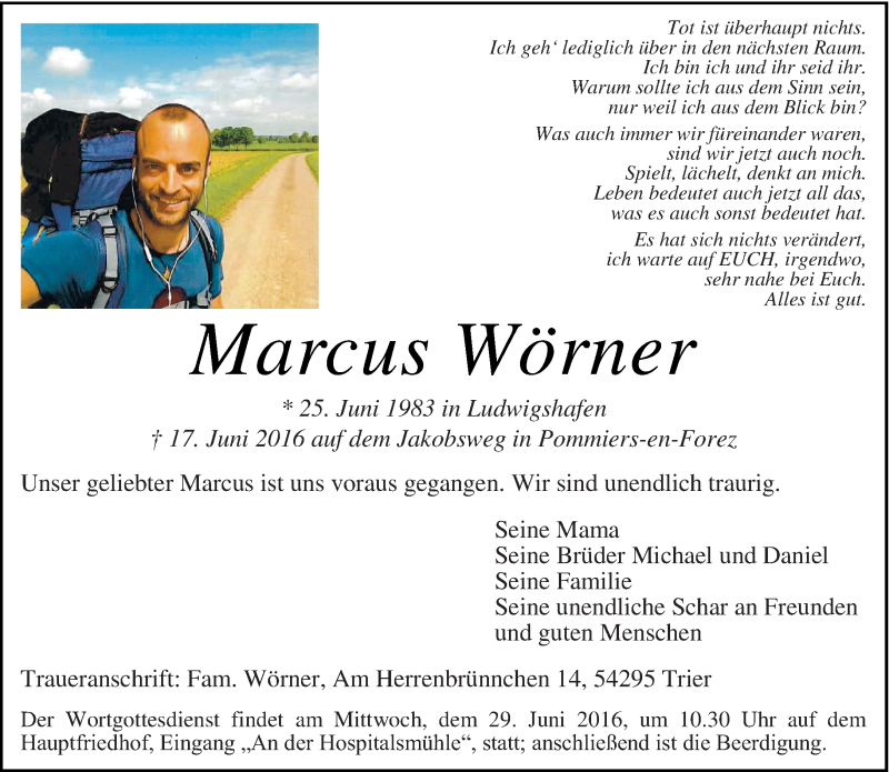  Traueranzeige für Marcus Wörner vom 25.06.2016 aus trierischer_volksfreund