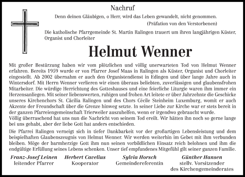  Traueranzeige für Helmut Wenner vom 25.06.2016 aus trierischer_volksfreund