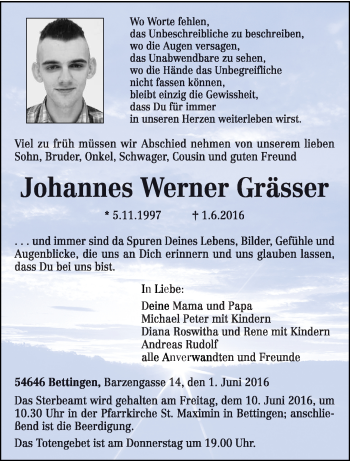 Traueranzeige von Johannes Werner Grässer von trierischer_volksfreund