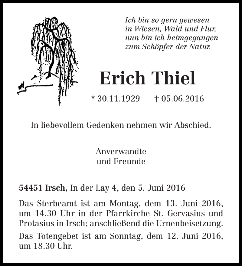  Traueranzeige für Erich Thiel vom 09.06.2016 aus trierischer_volksfreund